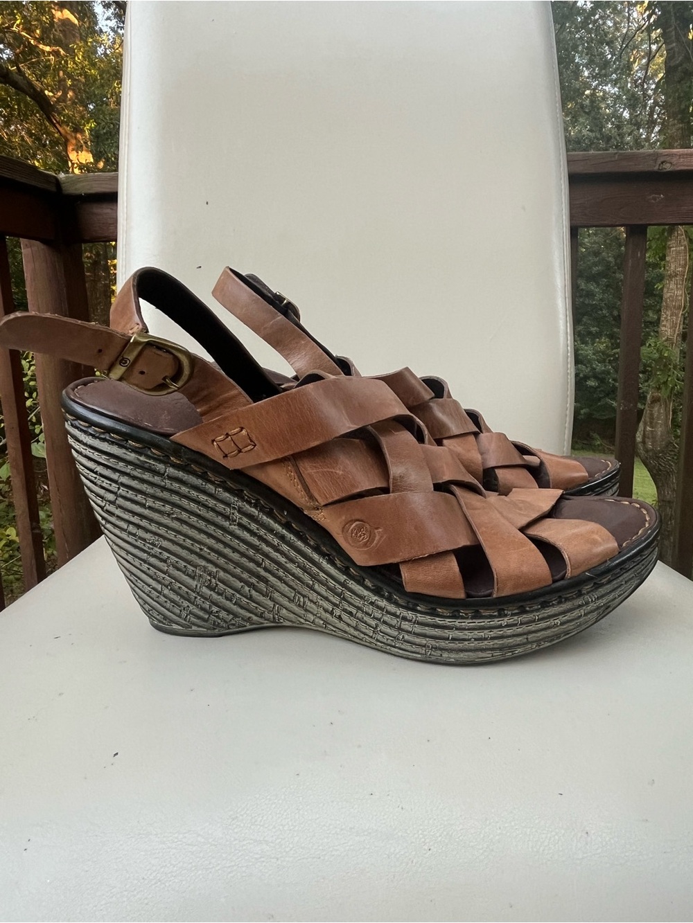 Born Brown Woven Leather Wedge Sandals